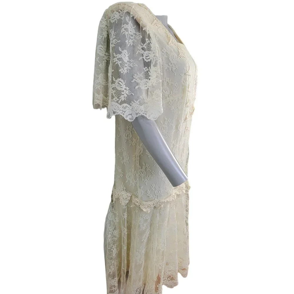Vintage 80s Lace Midi Dress Women 12 Cream 20s Style Formal Wedding Retro Summer - Picture 6 of 13